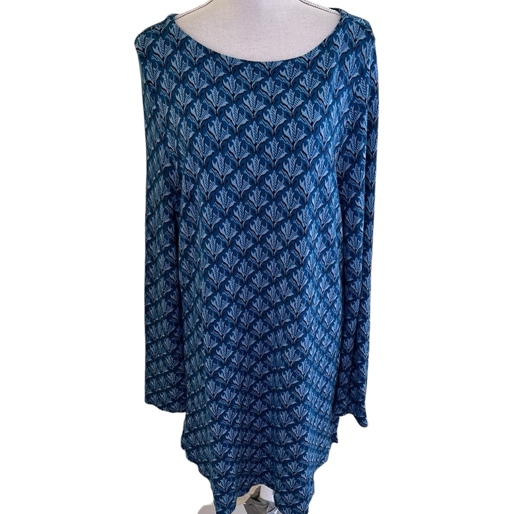 J. Jill Ponte Knit Blue Print Boatneck Split Side Tunic Top L Tall